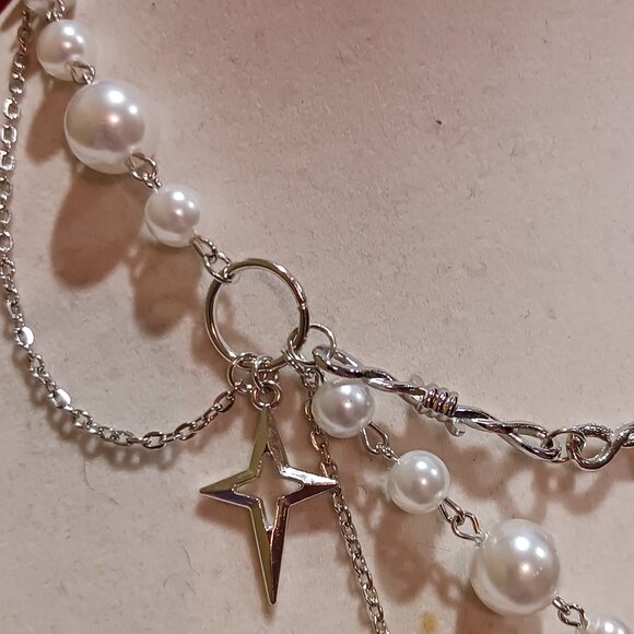 Gothic Punk Cosmic Cross Rosary Layered Choker Silver and White Necklace - Picture 11 of 14